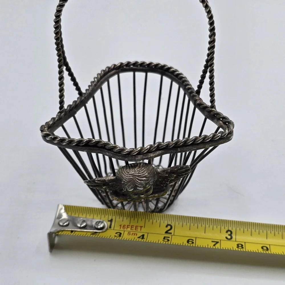 Vintage Silver Tone Wire Metal Decorative Mini Basket Angel Cherub On Front